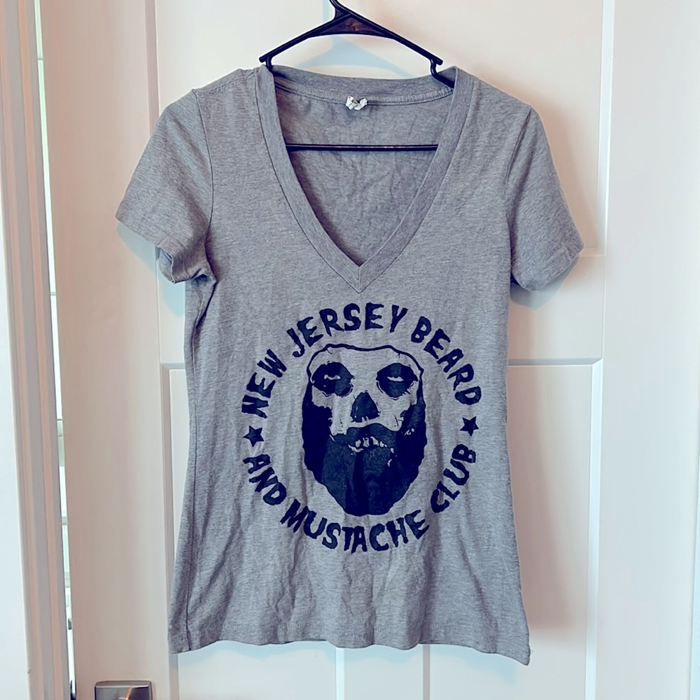 Gray V-neck, New Jersey beard club T-shirt